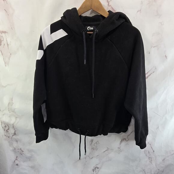 Zyia Active Hoodie Womens Large Black Pullover Sweatshirt Spellout Cropped Crop - Picture 1 of 11